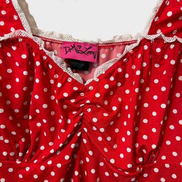 Demi Loon Womens red white polkadot Y2K babydoll top, white lace trim Size M-L - Picture 3 of 9